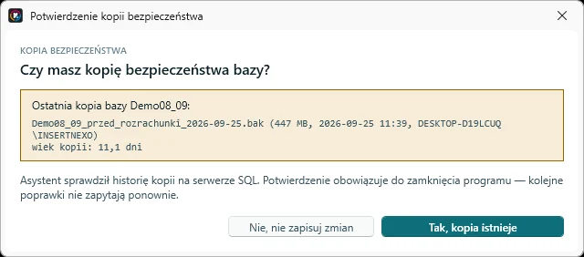 Asystent migracji pyta o kopię bezpieczeństwa bazy przed pierwszą poprawą