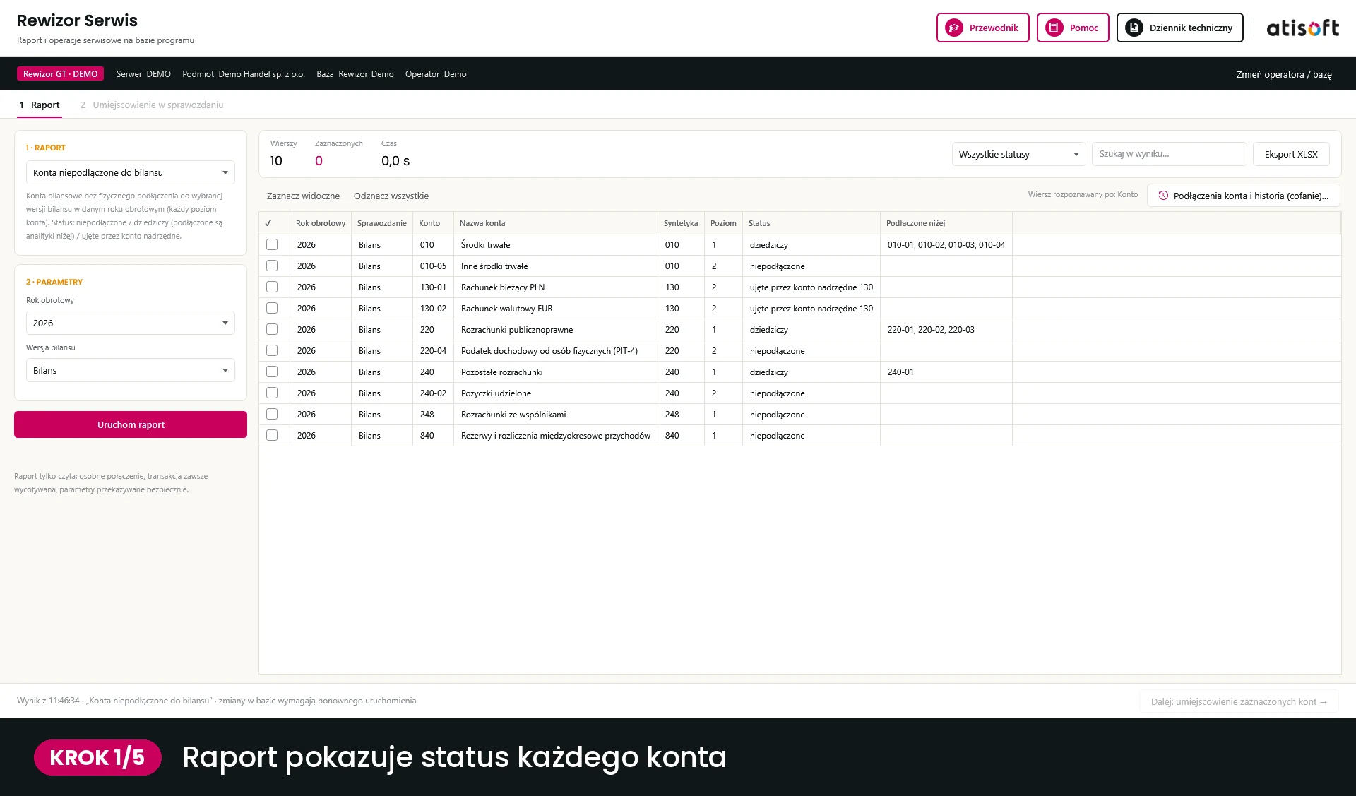 Krok 1 - raport kont niepodłączonych do bilansu ze statusem każdego konta