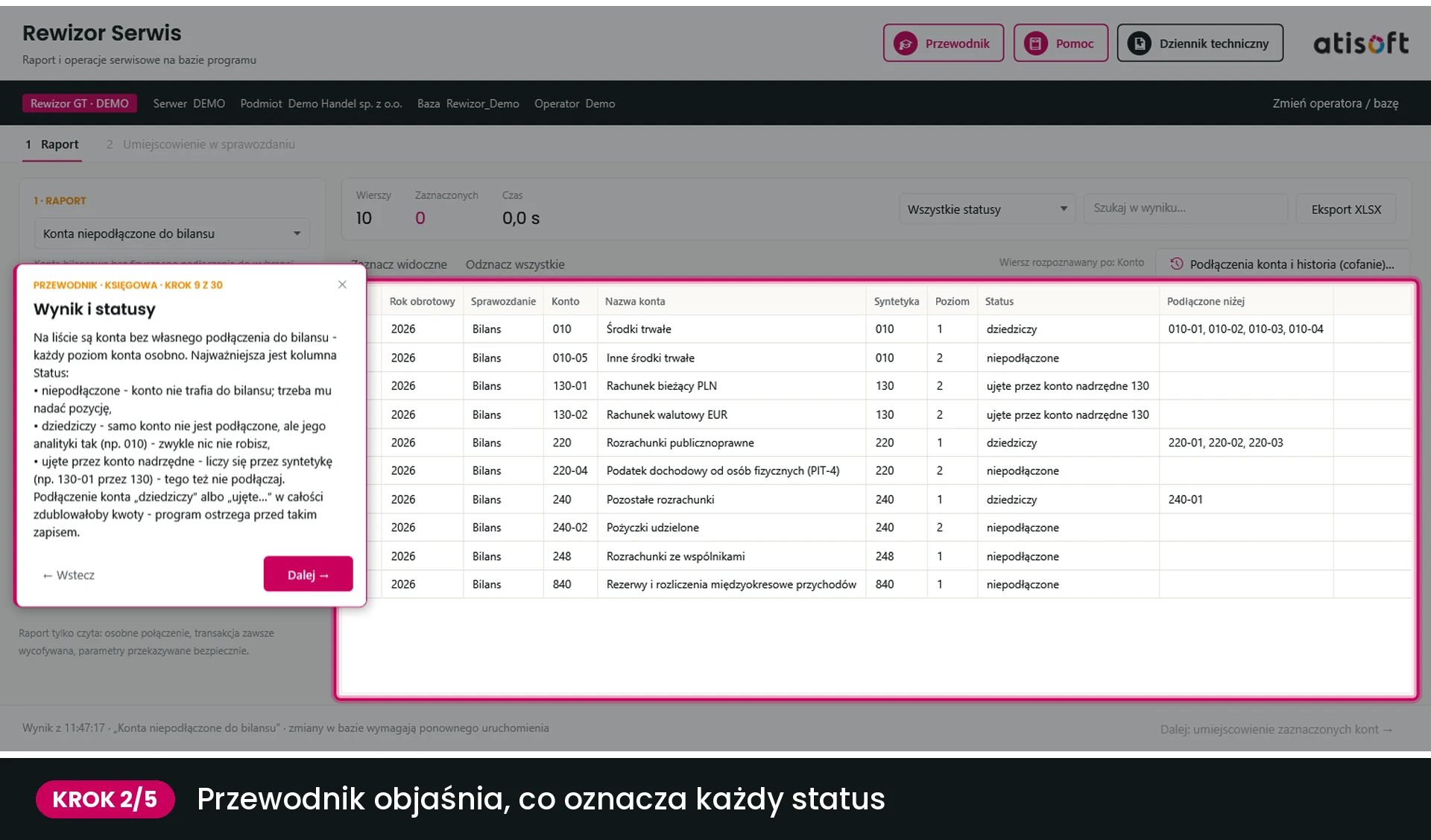 Krok 2 - przewodnik objaśnia statusy kont