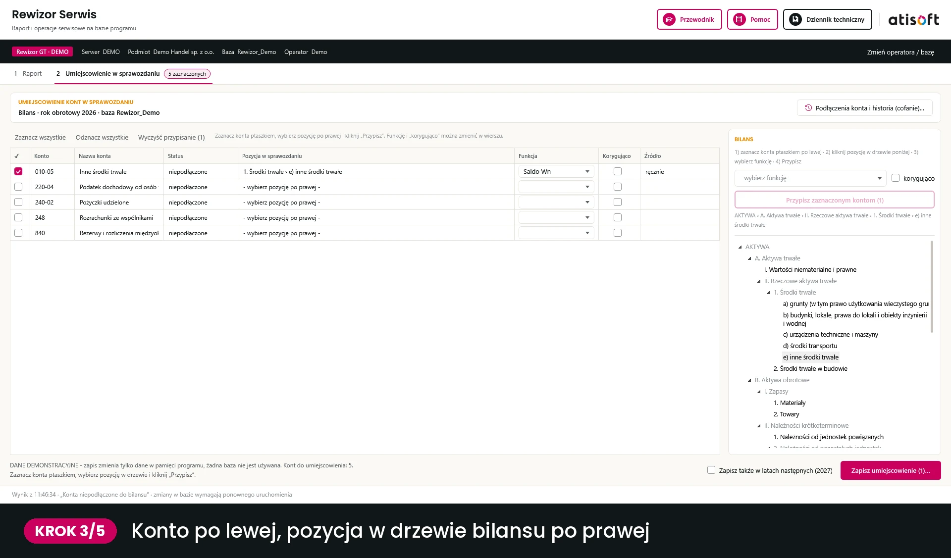 Krok 3 - podłączanie kont: konto po lewej, pozycja w drzewie bilansu po prawej